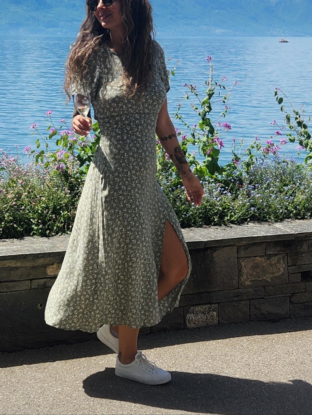 Sage Green Floral Midi Dress with Butterfly Sleeves, Front Slit And Open Back